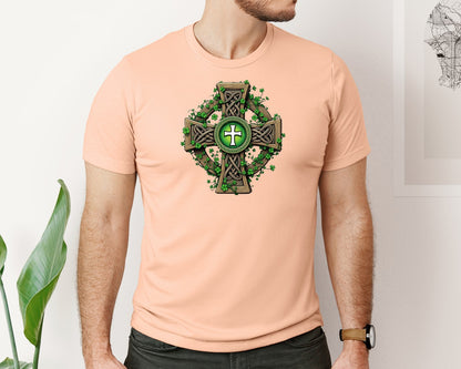 brand:Bella Canvas|color:Heather Peach|Celtic Cross With Shamrocks Irish Graphic T-Shirt
