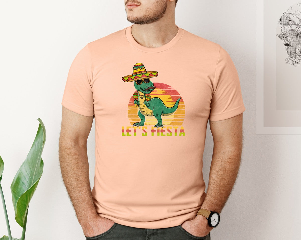 brand:Bella Canvas|color:Heather Peach|Lets Fiesta Dinosaur Cinco De Mayo Graphic T-Shirt