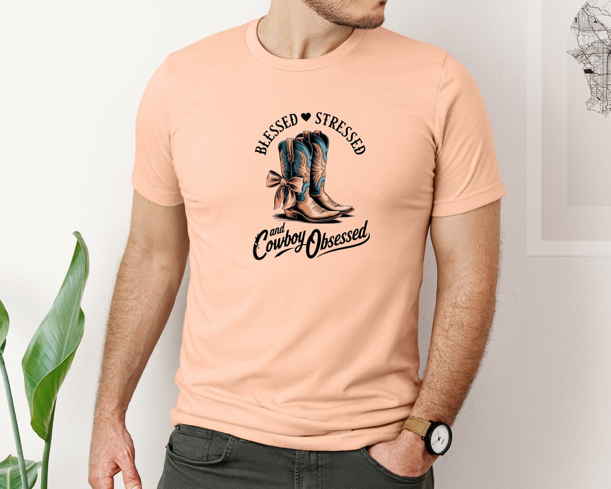 brand:Bella Canvas|color:Heather Peach|Blessed Stressed Mom Western Mothers Day 3 Graphic T-Shirt
