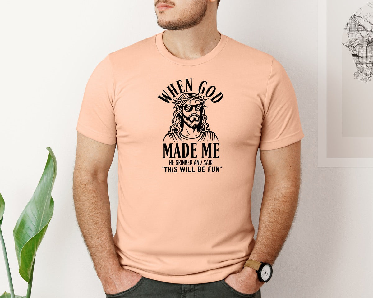 brand:Bella Canvas|color:Heather Peach|God Humor Christian Faith Graphic T-Shirt