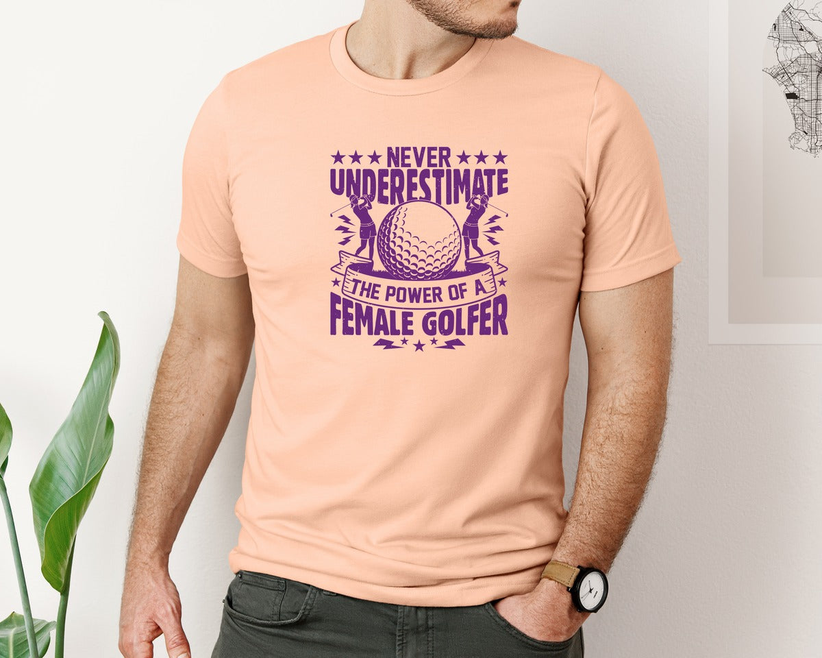 brand:Bella Canvas|color:Heather Peach|Female Golfer Golf Club T Shirt Design Graphic T-Shirt