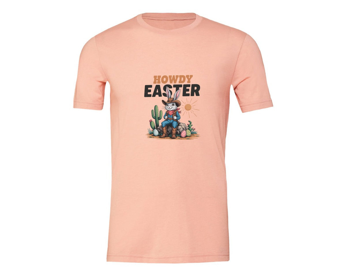 brand:Generic|color:Heather Peach|Howdy Easter Western Cowboy Bunny 2 Graphic T-Shirt
