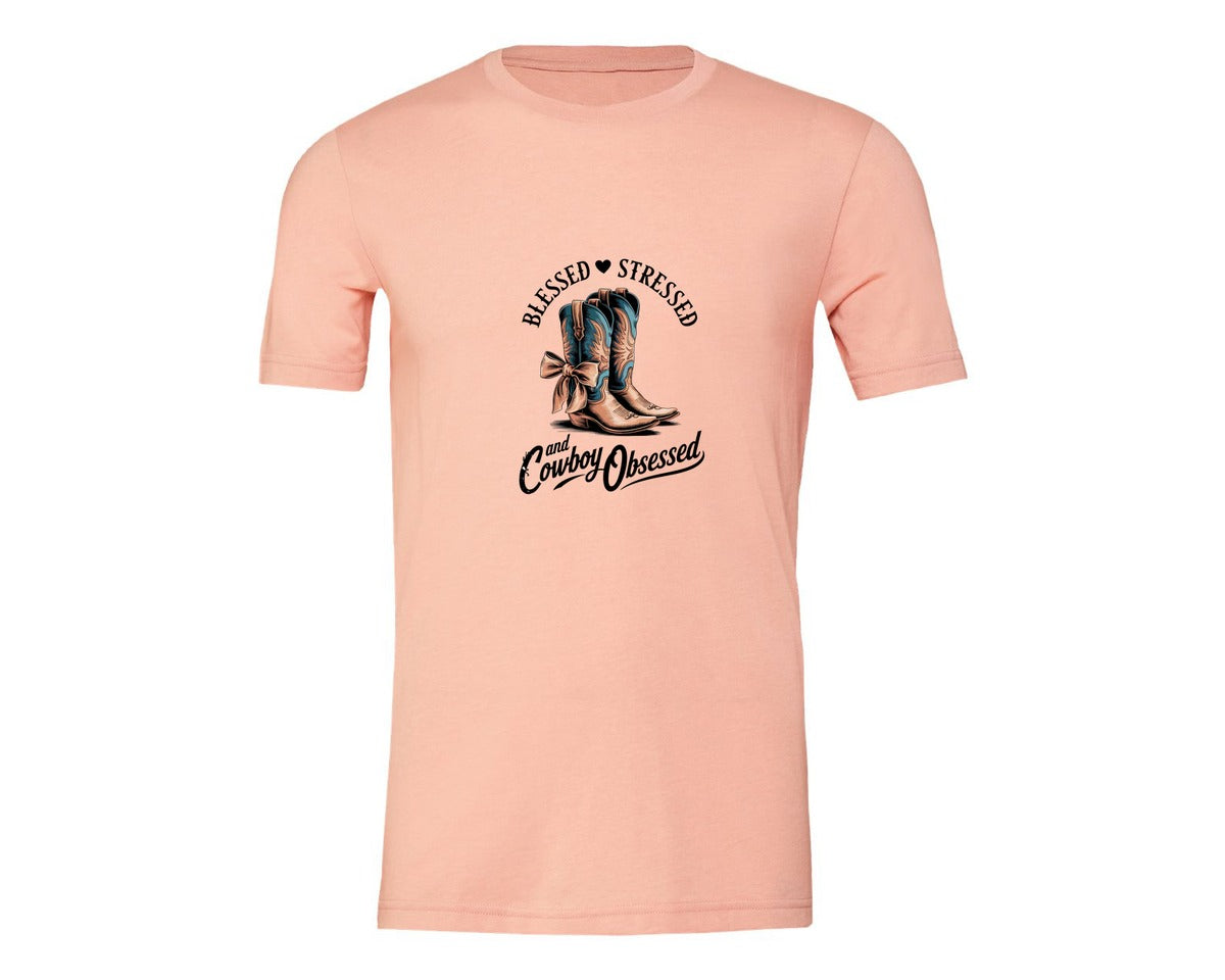 brand:Generic|color:Heather Peach|Blessed Stressed Mom Western Mothers Day 3 Graphic T-Shirt