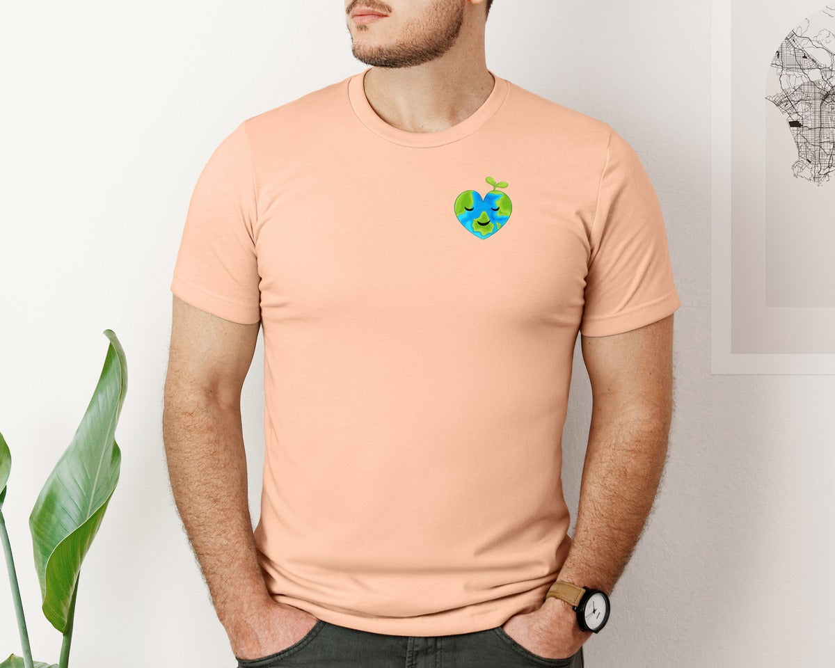 brand:Bella Canvas|color:Heather Peach|Love Heart Earth Globe Pocket Design Graphic T-Shirt