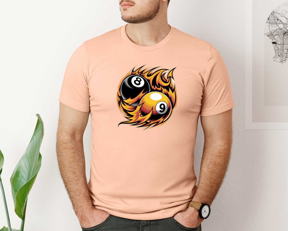 brand:Bella Canvas|color:Heather Peach|Flaming 8 9 Ball Billiards Graphic T-Shirt