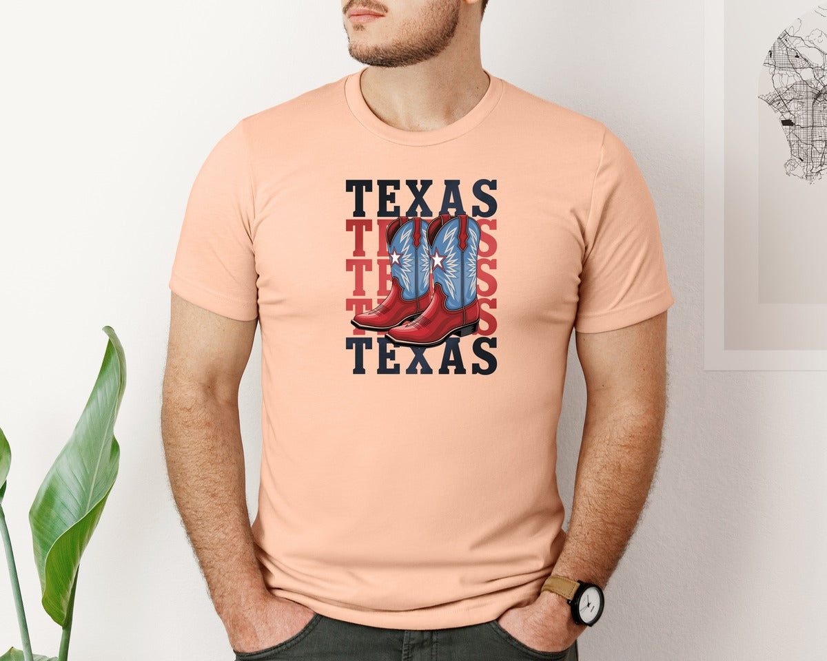 brand:Bella Canvas|color:Heather Peach|Texas Cowboy Boots Western Rodeo 4 Graphic T-Shirt