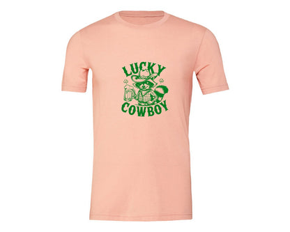 brand:Generic|color:Heather Peach|Lucky Cowboy Funny St Patricks Day Graphic T-Shirt