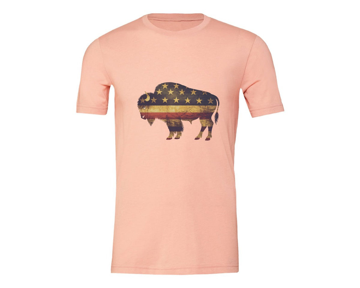 brand:Generic|color:Heather Peach|American Bison Patriotic Usa Flag 4 Graphic T-Shirt