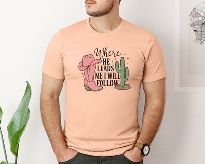 brand:Bella Canvas|color:Heather Peach|Where He Leads Me I Will Follow Graphic T-Shirt