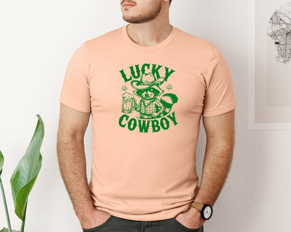brand:Bella Canvas|color:Heather Peach|Lucky Cowboy Funny St Patricks Day Graphic T-Shirt