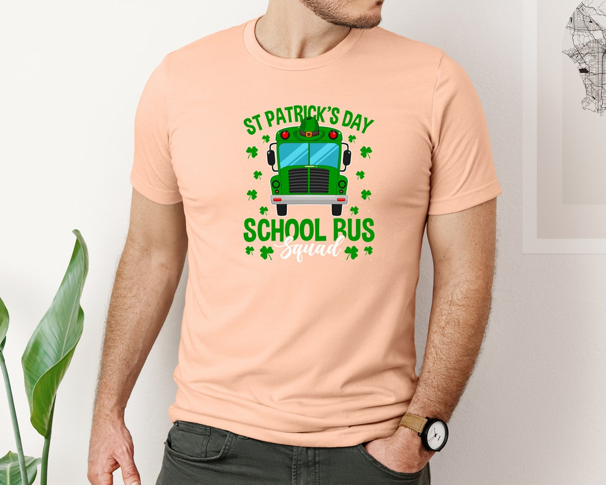 brand:Bella Canvas|color:Heather Peach|St Patricks Day School Bus Squad School 2 Graphic T-Shirt