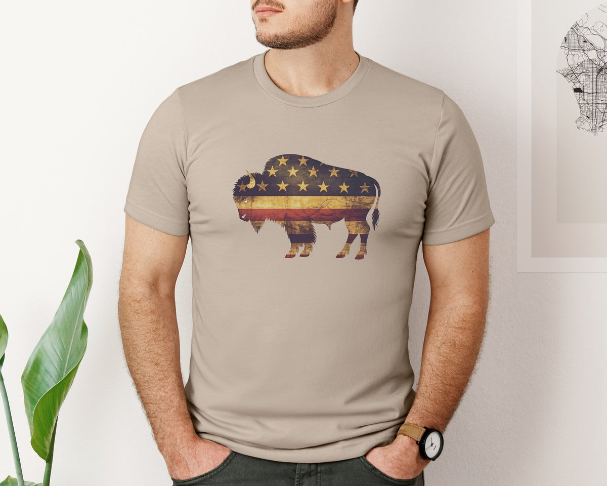 brand:Bella Canvas|color:Heather Tan|American Bison Patriotic Usa Flag 4 Graphic T-Shirt