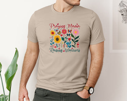 brand:Bella Canvas|color:Heather Tan|Praying Mama Raising Warriors Boho Graphic T-Shirt
