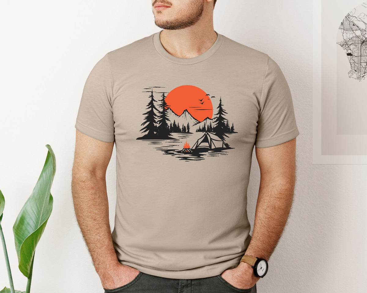 brand:Bella Canvas|color:Heather Tan|Sunset Camping Adventure T Shirt Design 9 Graphic T-Shirt