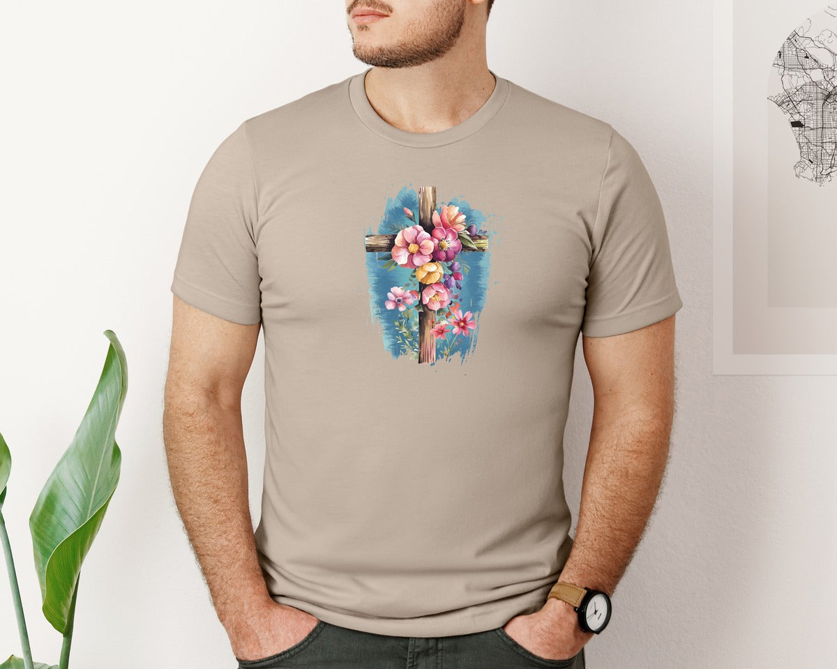 brand:Bella Canvas|color:Heather Tan|Floral Christian Cross Graphic T-Shirt