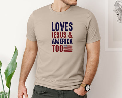 brand:Bella Canvas|color:Heather Tan|Loves Jesus And America Too Jesus Graphic T-Shirt