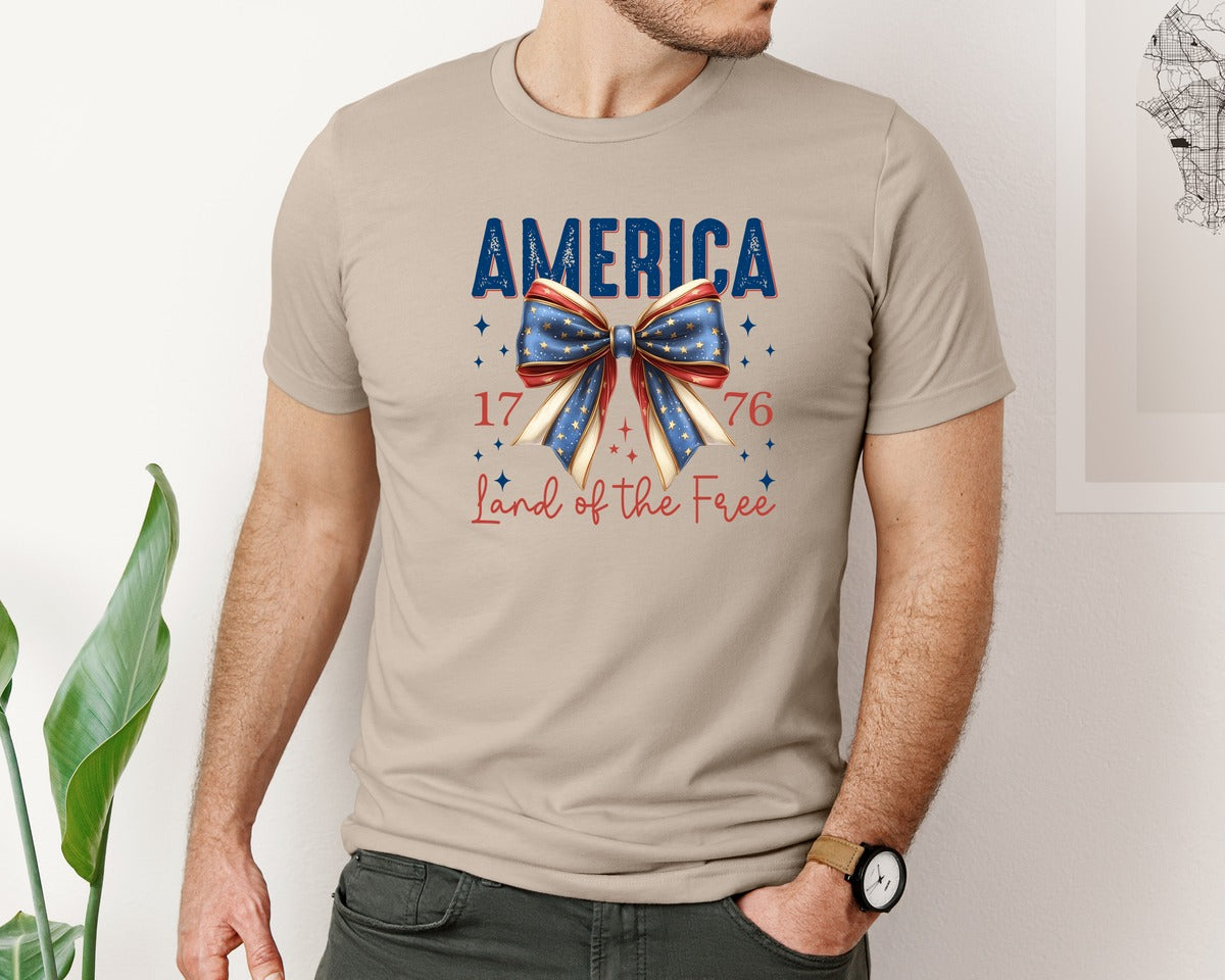 brand:Bella Canvas|color:Heather Tan|America Bow Land Of The Free Graphic T-Shirt