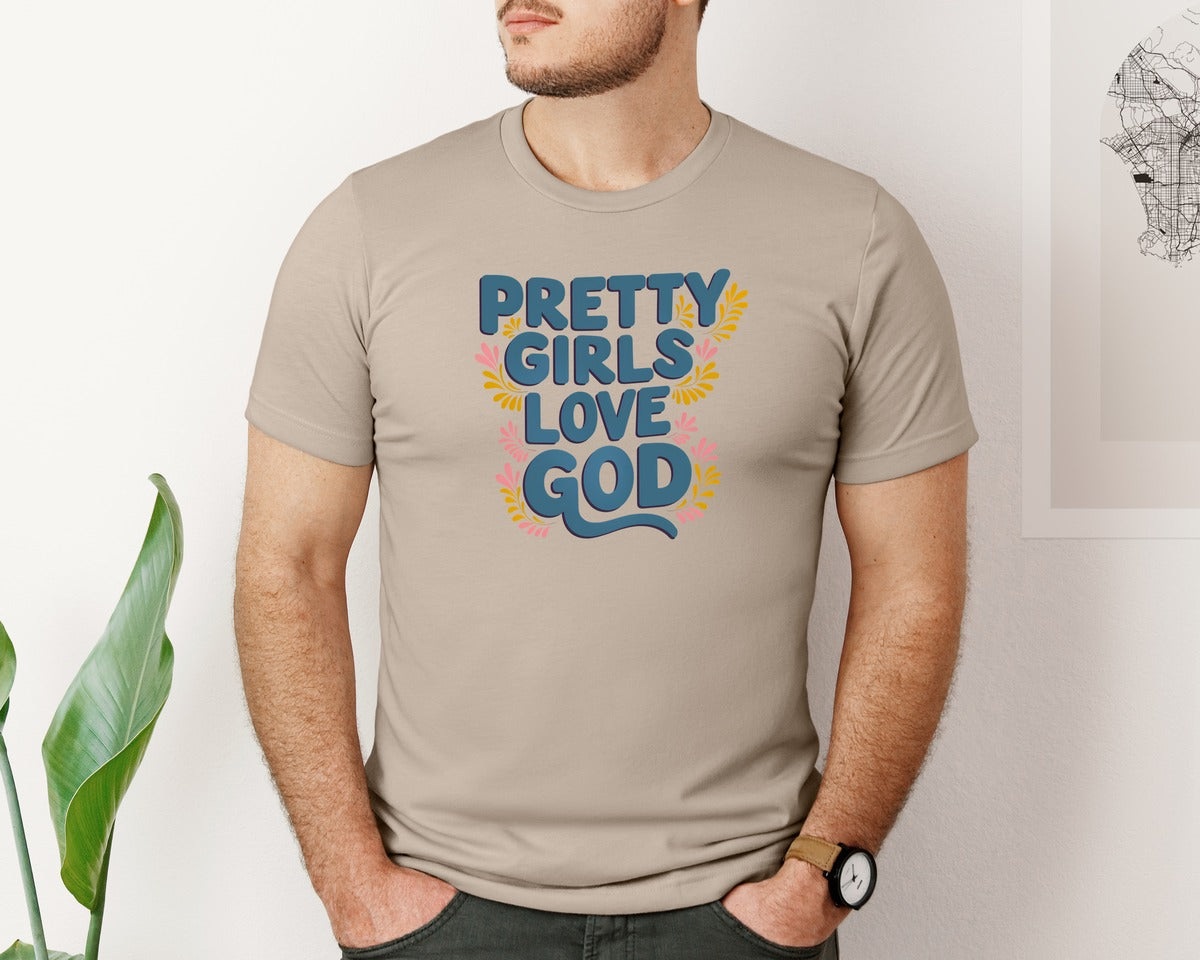 brand:Bella Canvas|color:Heather Tan|Pretty Girls Love God Christian 3 Graphic T-Shirt