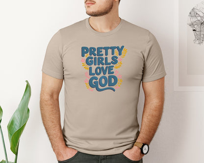 brand:Bella Canvas|color:Heather Tan|Pretty Girls Love God Christian 3 Graphic T-Shirt