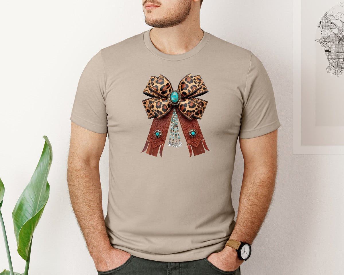 brand:Bella Canvas|color:Heather Tan|Western Leopard Bow Coquette Cowgirl 2 Graphic T-Shirt