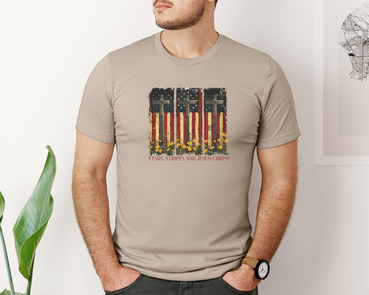 brand:Bella Canvas|color:Heather Tan|Stars And Stripes And Jesus Christ Graphic T-Shirt