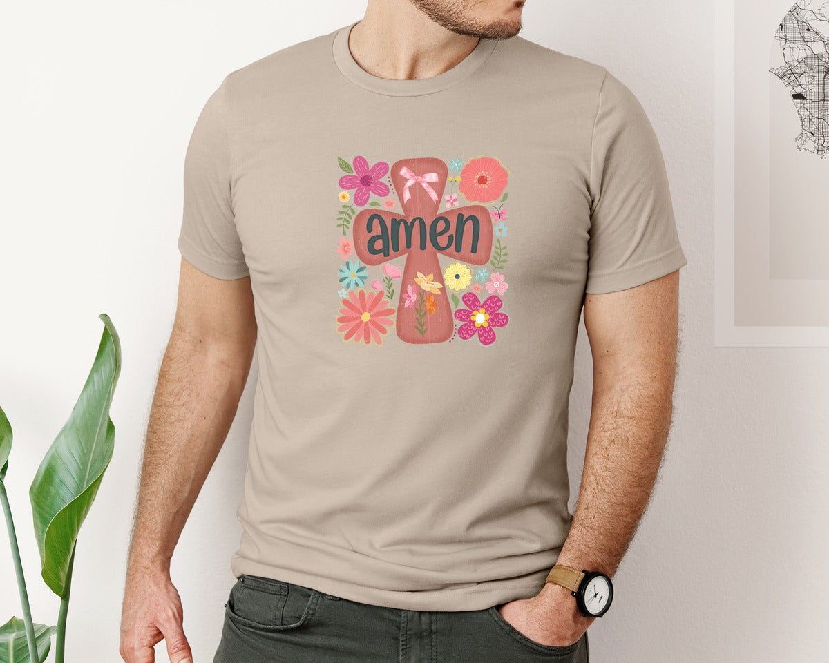 brand:Bella Canvas|color:Heather Tan|Boho Floral Amen Christian Graphic T-Shirt