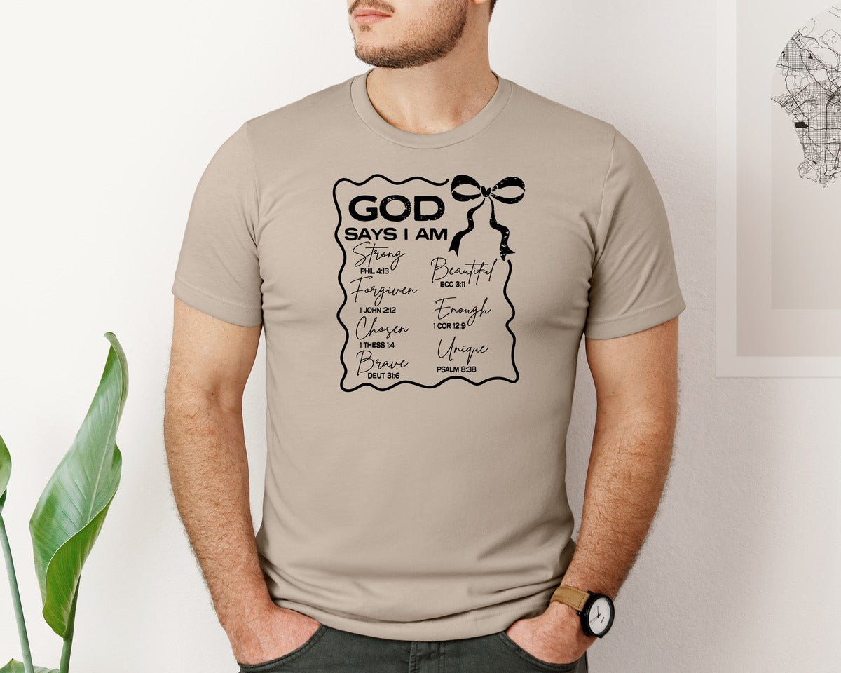 brand:Bella Canvas|color:Heather Tan|God Says I Am Coquette Christian Graphic T-Shirt