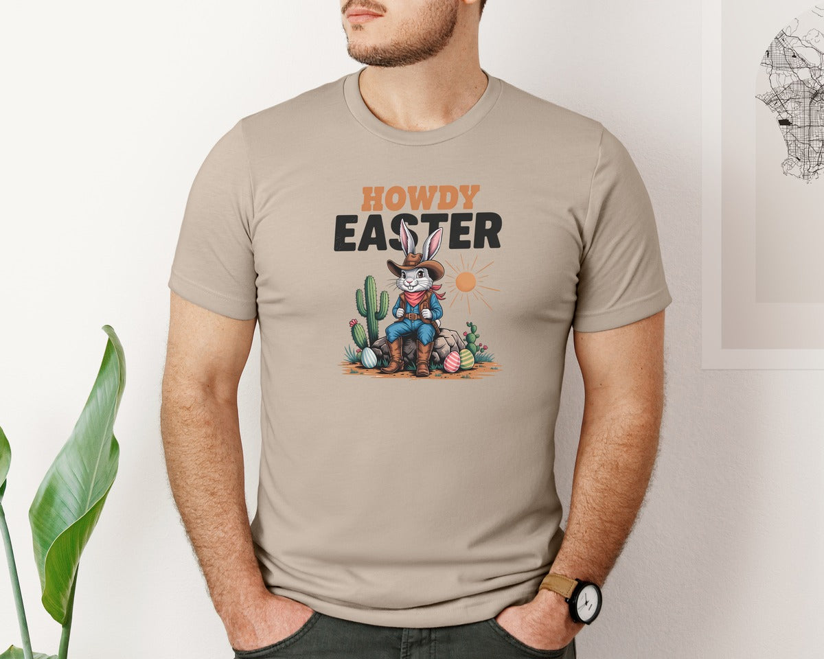 brand:Bella Canvas|color:Heather Tan|Howdy Easter Western Cowboy Bunny 2 Graphic T-Shirt