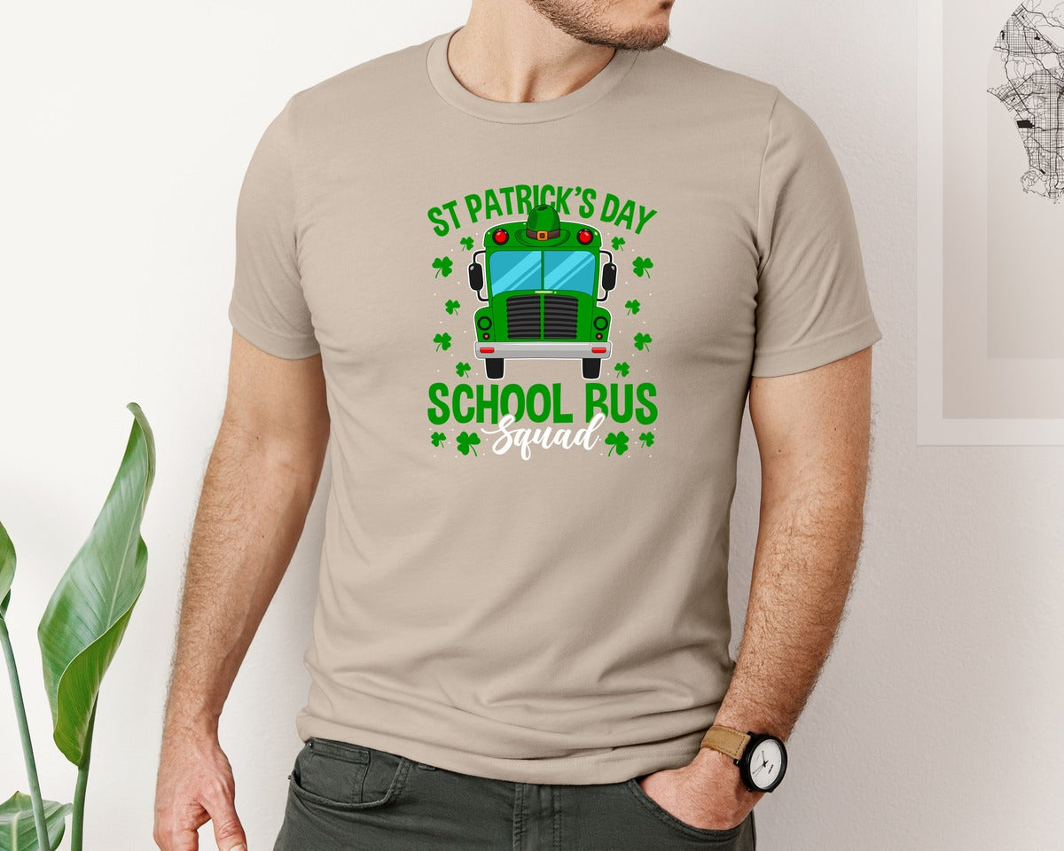 brand:Bella Canvas|color:Heather Tan|St Patricks Day School Bus Squad School 2 Graphic T-Shirt