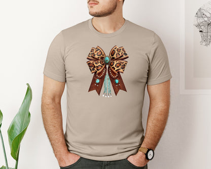 brand:Bella Canvas|color:Heather Tan|Western Leopard Bow Bohemian Coquette Graphic T-Shirt