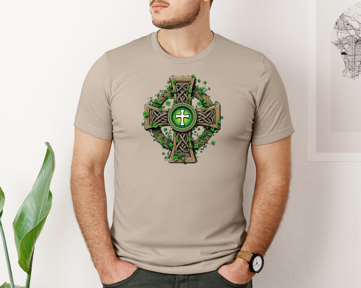 brand:Bella Canvas|color:Heather Tan|Celtic Cross With Shamrocks Irish Graphic T-Shirt