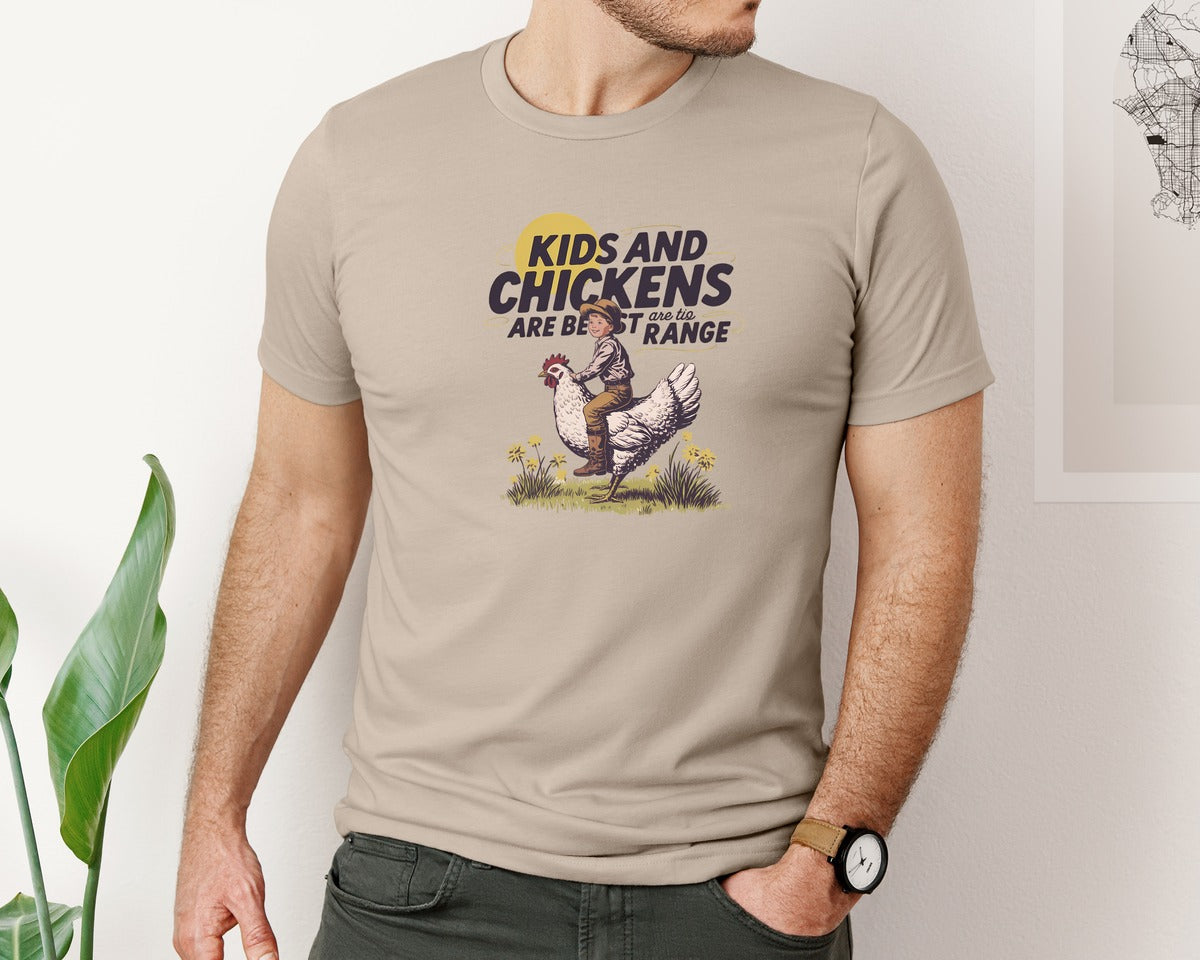 brand:Bella Canvas|color:Heather Tan|Kids And Chickens Vintage Farm Graphic T-Shirt