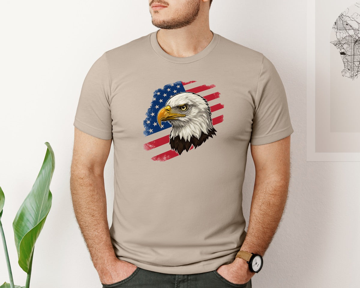brand:Bella Canvas|color:Heather Tan|American Eagle With Flag Patriotic Graphic T-Shirt
