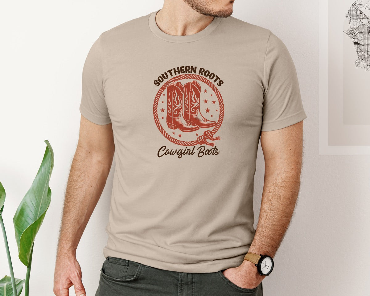 brand:Bella Canvas|color:Heather Tan|Southern Roots Cowgirl Boots Cowgir Graphic T-Shirt