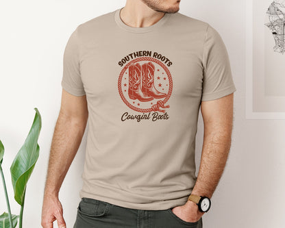 brand:Bella Canvas|color:Heather Tan|Southern Roots Cowgirl Boots Cowgir Graphic T-Shirt
