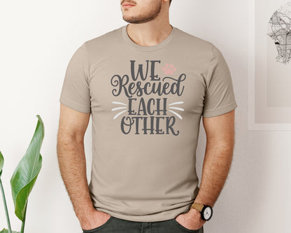 brand:Bella Canvas|color:Heather Tan|We Rescued Each Other Cute Cat Quote Graphic T-Shirt