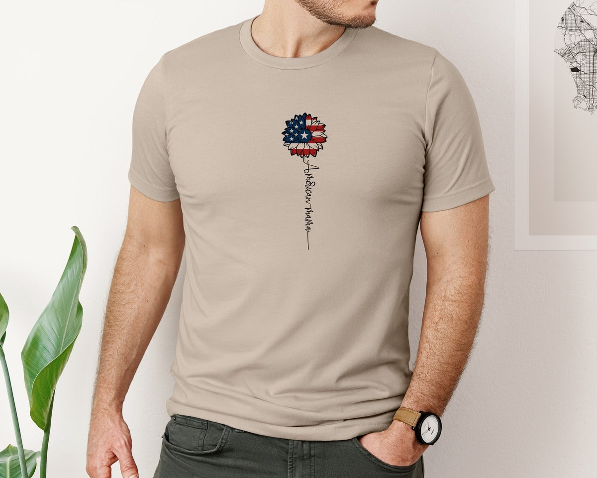 brand:Bella Canvas|color:Heather Tan|American Mama Sunflower 4Th Of July Graphic T-Shirt