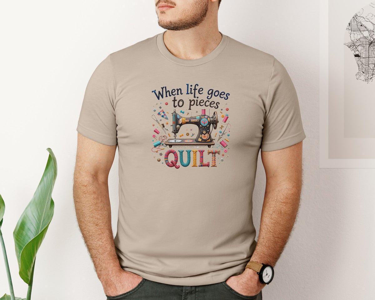 brand:Bella Canvas|color:Heather Tan|Quilting When Life Goes To Pieces Graphic T-Shirt