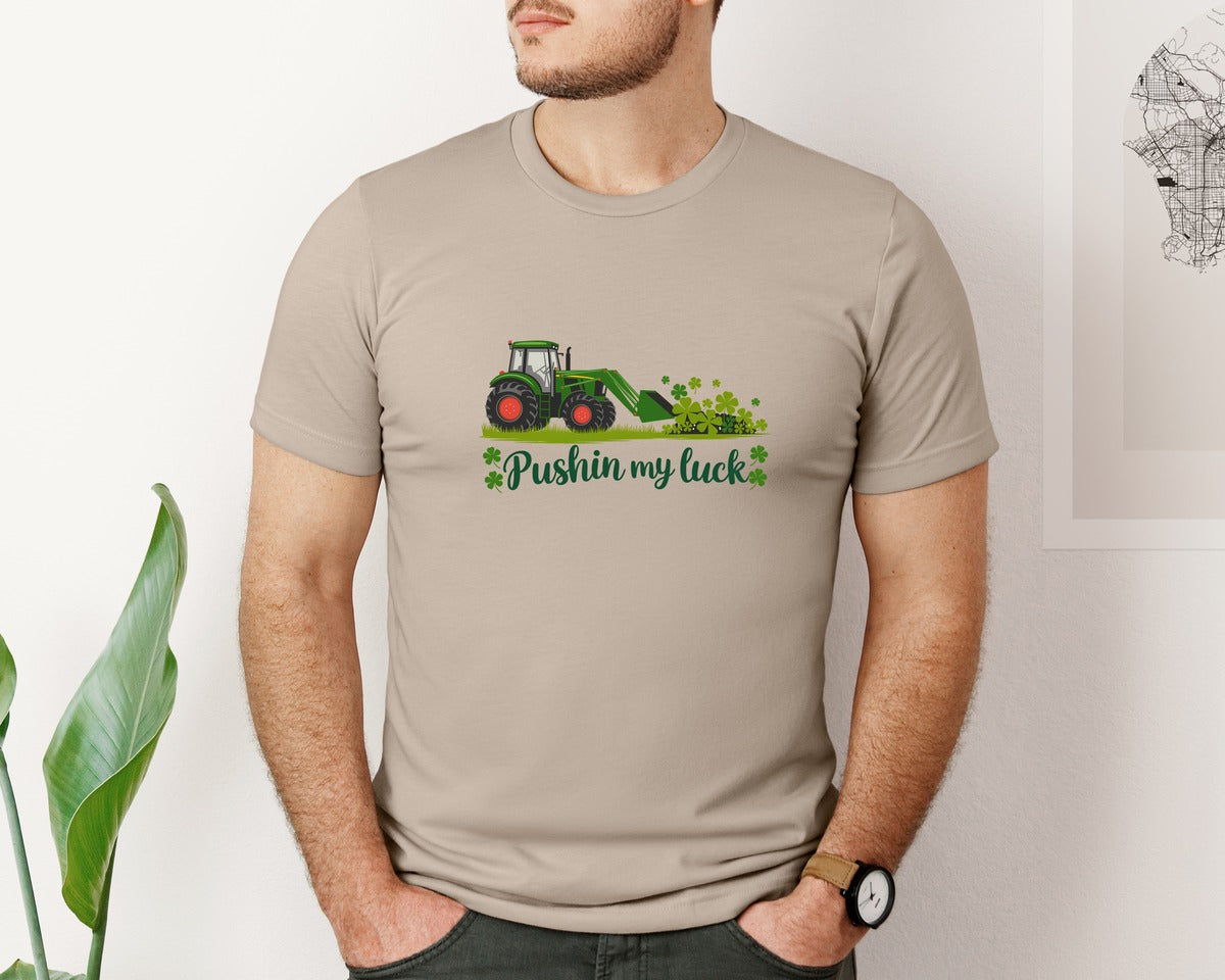 brand:Bella Canvas|color:Heather Tan|Pushin My Luck St Patricks Day 3 Graphic T-Shirt