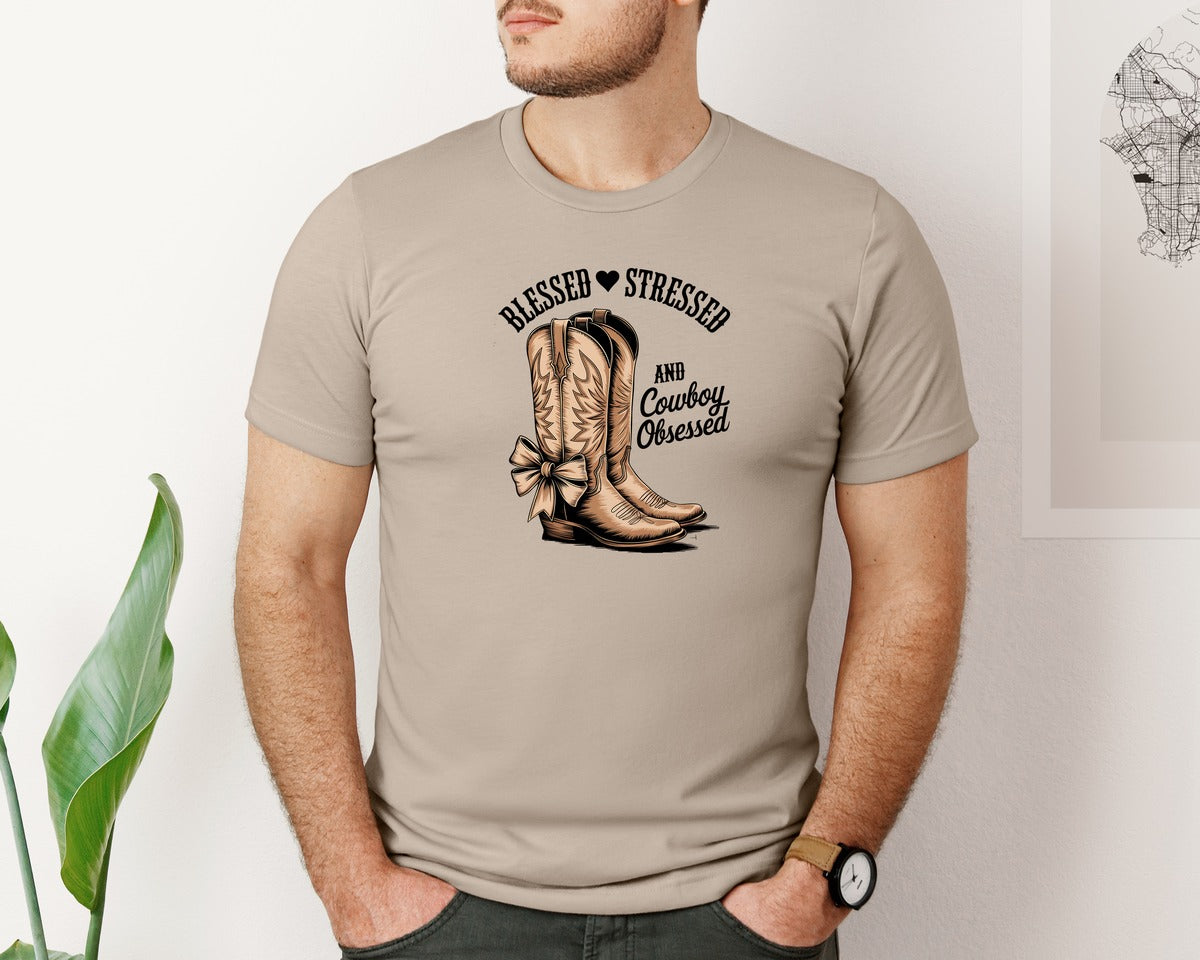 brand:Bella Canvas|color:Heather Tan|Blessed Stressed Mom Western Mothers Day 2 Graphic T-Shirt