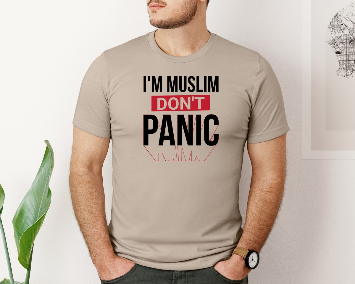 brand:Bella Canvas|color:Heather Tan|Im Muslim Dont Panic Muslim Quote Is Graphic T-Shirt
