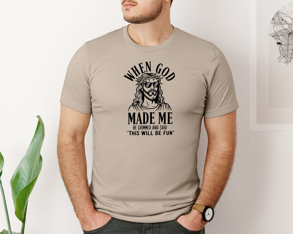 brand:Bella Canvas|color:Heather Tan|God Humor Christian Faith Graphic T-Shirt