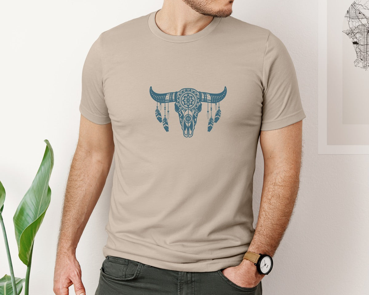 brand:Bella Canvas|color:Heather Tan|Western Bull Skull Aztec Boho Longhorn Graphic T-Shirt