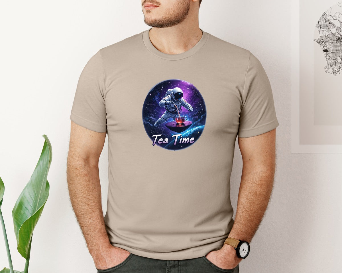 brand:Bella Canvas|color:Heather Tan|Astronaut Tea Time In Space T Shirt Graphic T-Shirt