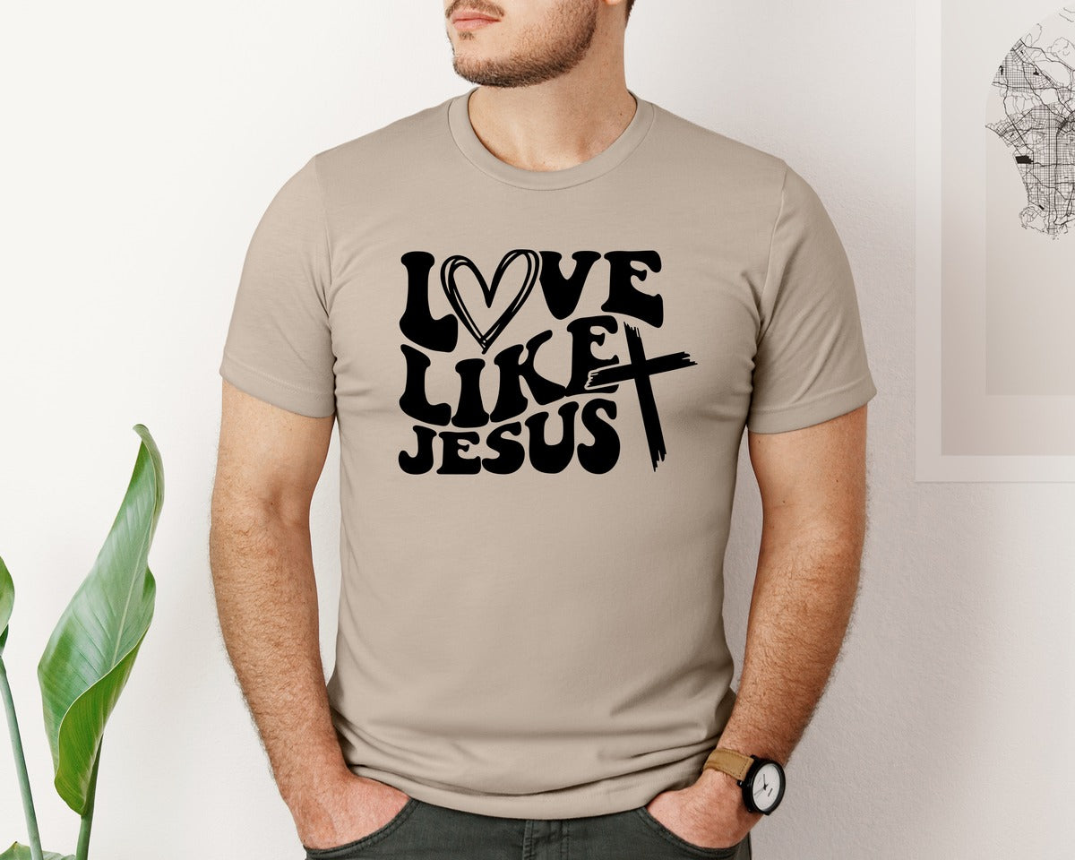 brand:Bella Canvas|color:Heather Tan|Love Like Jesus Wavy 2 Graphic T-Shirt