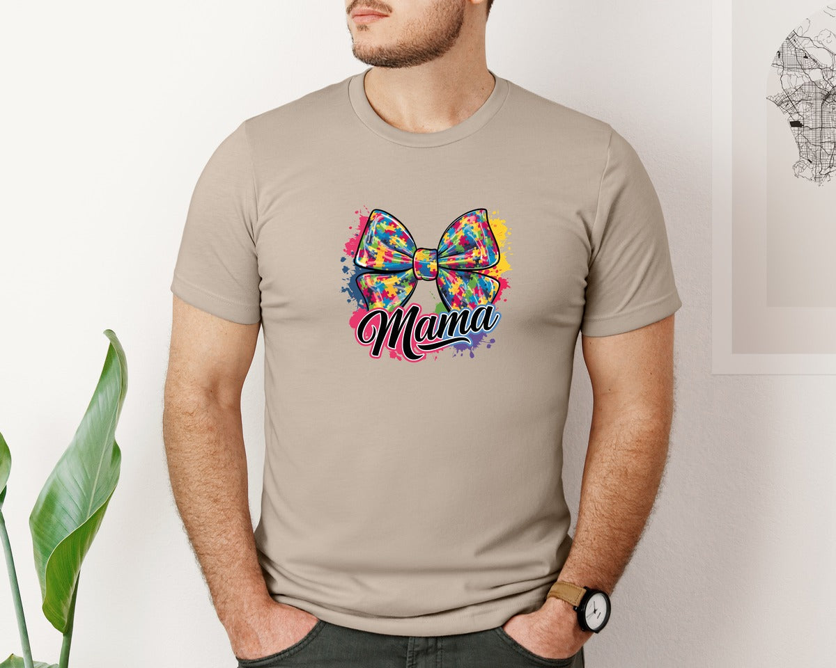 brand:Bella Canvas|color:Heather Tan|Autism Mama Colorful Puzzle Bow Art Graphic T-Shirt