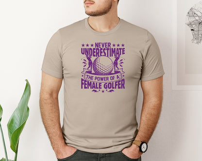 brand:Bella Canvas|color:Heather Tan|Female Golfer Golf Club T Shirt Design Graphic T-Shirt