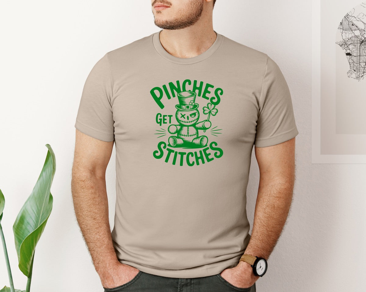 brand:Bella Canvas|color:Heather Tan|Pinches Get Stitches Funny St Patri Graphic T-Shirt