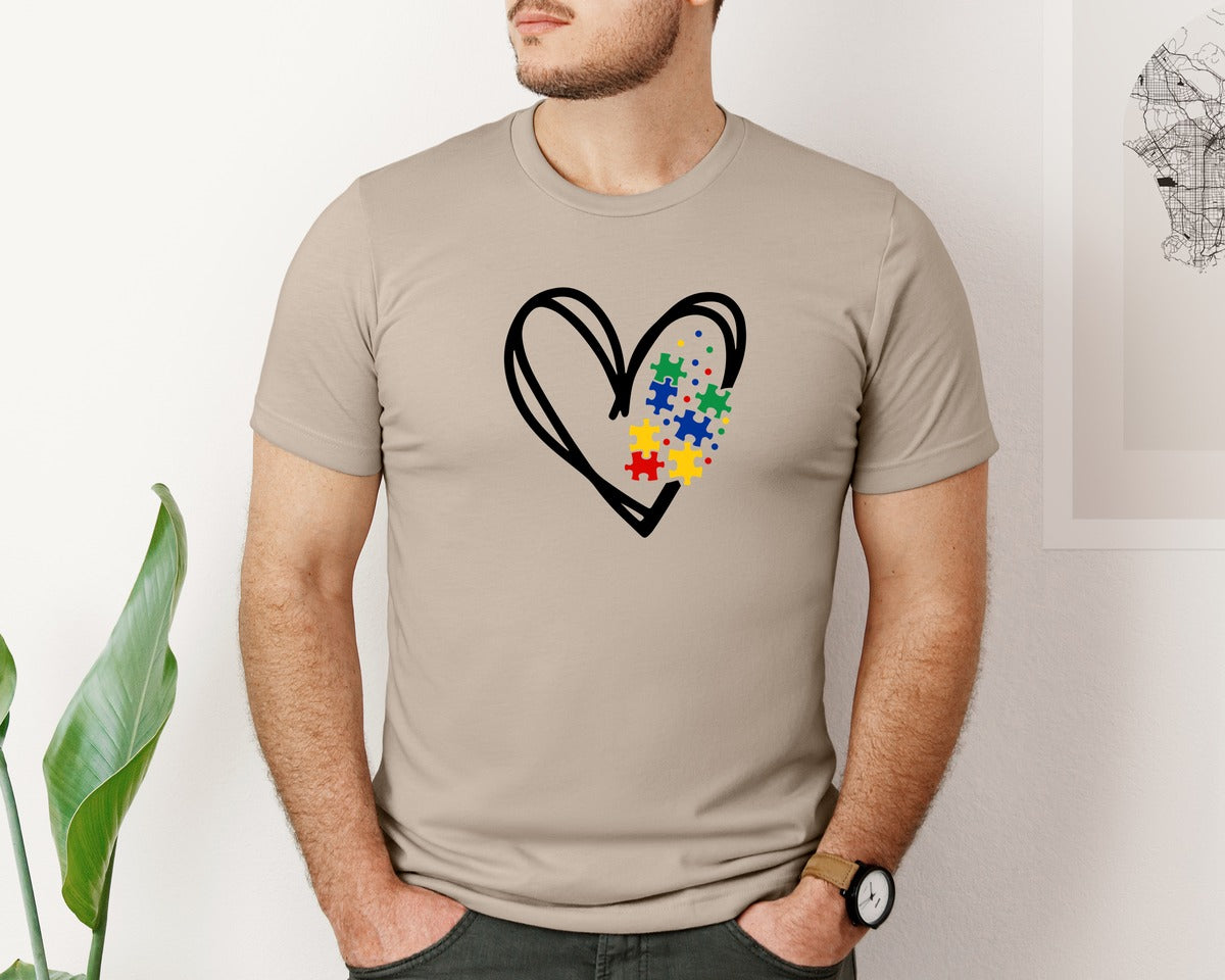 brand:Bella Canvas|color:Heather Tan|Autism Heart Autism Puzzle Graphic T-Shirt