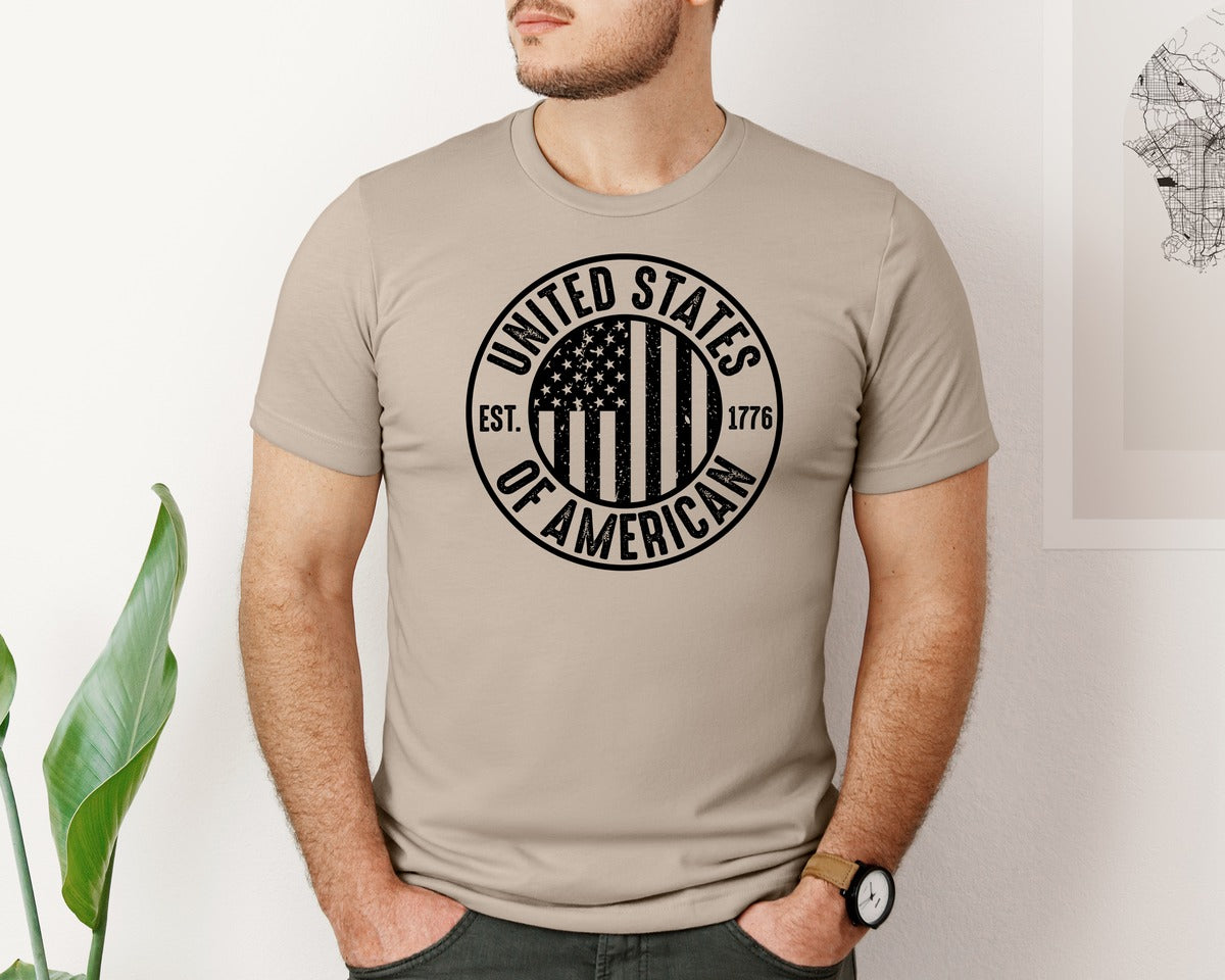 brand:Bella Canvas|color:Heather Tan|United States Of America Patriotic Graphic T-Shirt